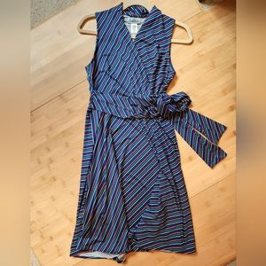 Karina dress Ruby faux wrap sleeveless, S/M navy with subtle colorful stripes
